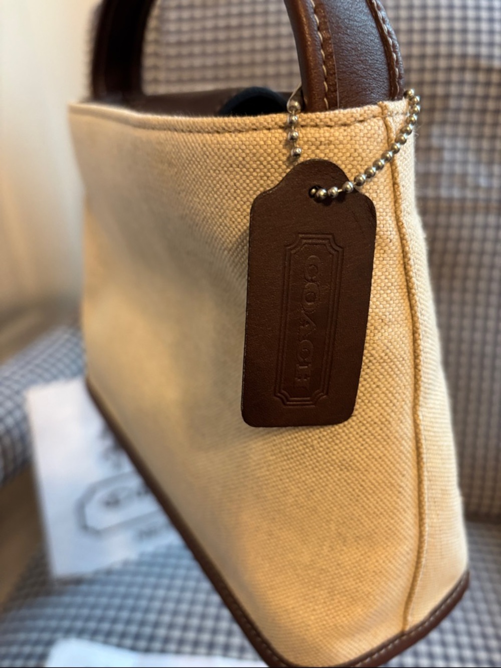 Coach Beige Canvas Top-Handle mini Bag with Brown leather  Trim - Picture 4 of 11